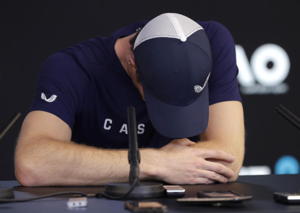 Britain's Andy Murray reacts during a press conference at the Australian Open tennis championships in Melbourne, Australia, Friday, Jan. 11, 2019. A tearful Murray says the Australian Open could be his last tournament because of a hip injury that has hampered him for almost two years.(AP Photo/Mark Baker)