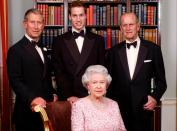<p>The late Queen Elizabeth II and Prince Philip posing with Charles and Prince William at Clarence House.</p>