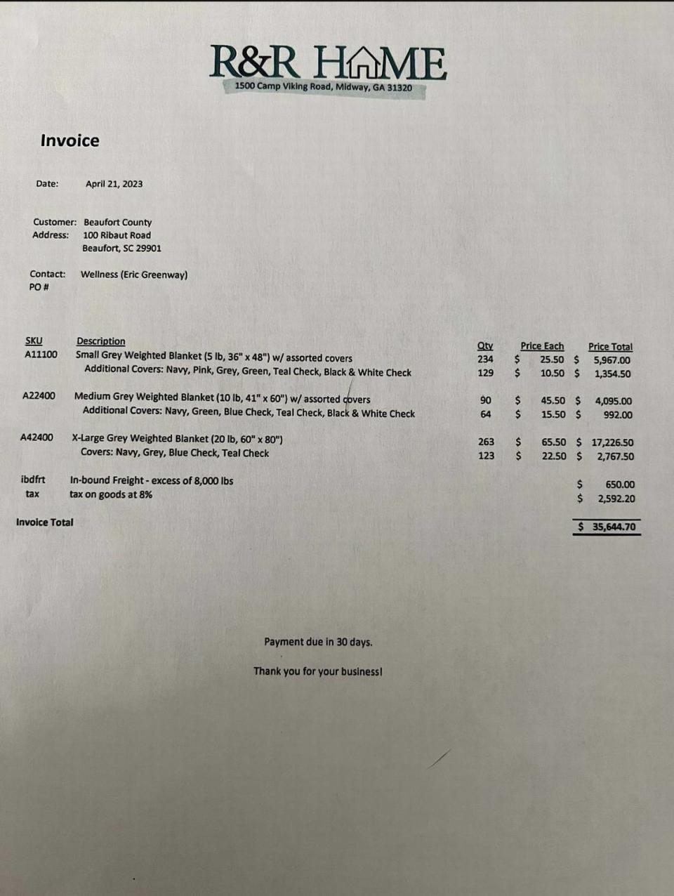 The April 21 invoice for $35,644.70 worth of Blankets. Provided
