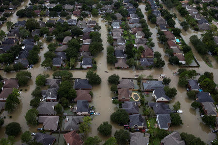 Houses are seen submerged in flood waters caused by Tropical Storm Harvey in Northwest Houston, Texas, U.S. August 30, 2017. REUTERS/Adrees Latif