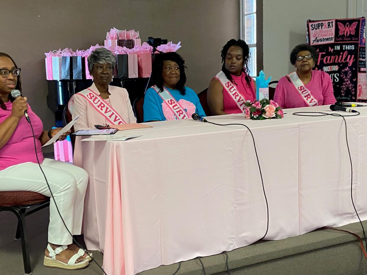 Stephanie Kindle, far left, moderated a presentation by four breast cancer survivors, from left, Albertha Whittley-Tabron, Cynthia Ross Waring, Arielle Milligan and Helen Figgs.