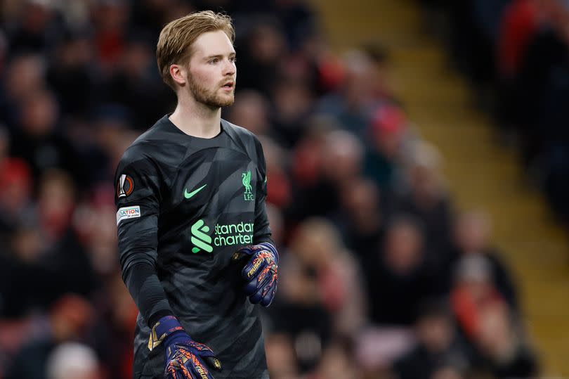Caoimhin Kelleher, goalkeeper of Liverpool on the pitch during the UEFA Europa League 2023/24 Quarter-Final first leg match between Liverpool FC and Atalanta at Anfield on April 11, 2024 in Liverpool, England.