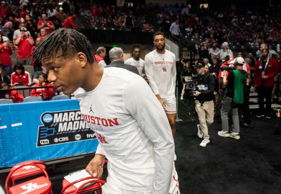 Houston Cougars guard Marcus Sasser (0) takes the court as Auburn Tigers take on Houston Cougars in the second round of NCAA Tournament at Legacy Arena in Birmingham, Ala., on Saturday, March 18, 2023. Houston Cougars defeated Auburn Tigers 81-64.