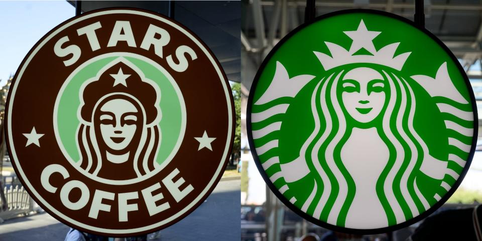 The Stars Coffee logo is seen on a window after former Starbucks coffee shops are reopened as Stars Coffee in Moscow, Russia on August 18, 2022;  Starbucks Coffee logo in the arrivals hall at Terminal 1 in Humberto Delgado International Airport on June 22, 2022 in Lisbon, Portugal.