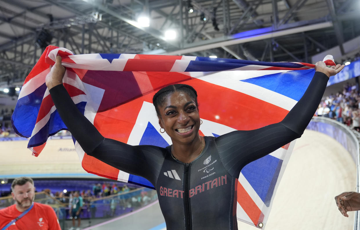 Great Britain's Kadeena Cox celebrates winning gold in the Open C1-5 750m Team Sprint Final at the National Velodrome on day four of the Paris 2024 Summer Paralympic Games. Picture date: Sunday September 1, 2024. (Photo by Andrew Matthews/PA Images via Getty Images)