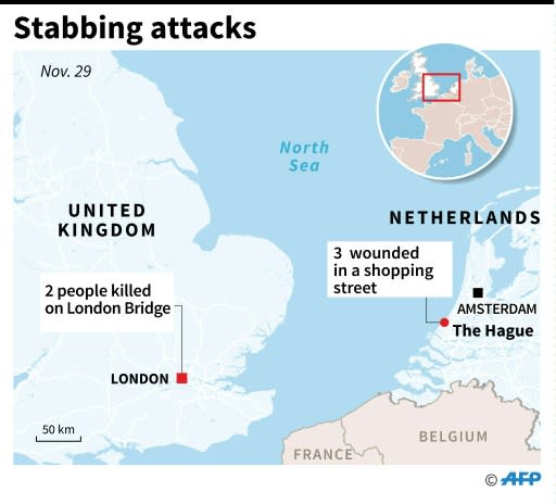 Map of Europe locating London and The Hague, after stabbing attacks on Friday