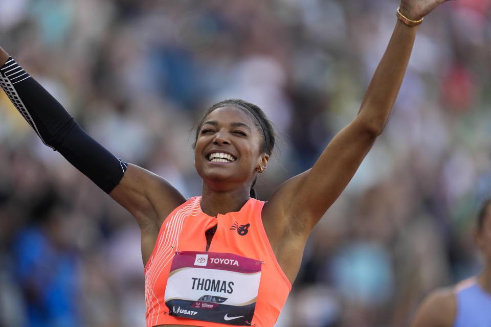 Gabby Thomas reacts after winning the women's 200 meters final during the U.S. track and field championships in Eugene, Ore., Sunday, July 9, 2023. (AP Photo/Ashley Landis)