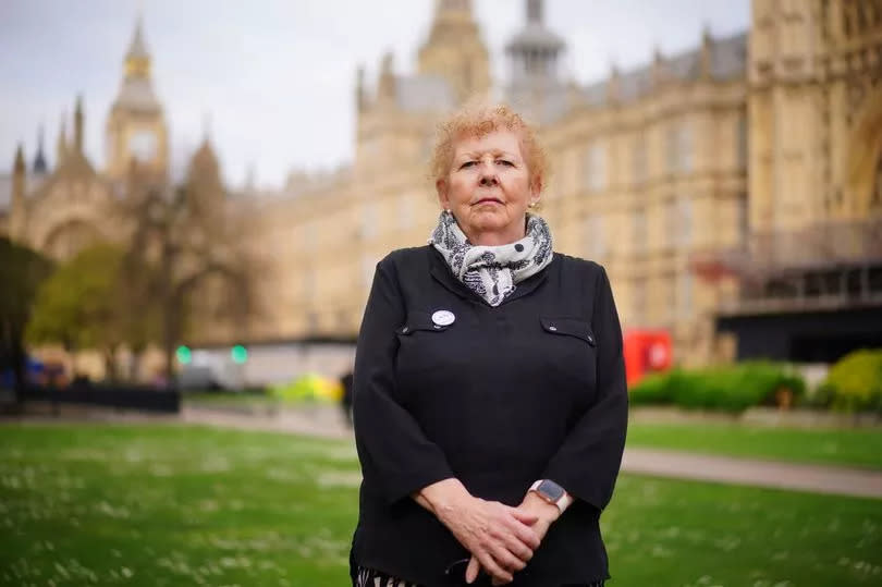 Chairwoman of Women Against State Pension Inequality (Waspi), Angela Madden speaking to the media on College Green outside the Houses of Parliament in London