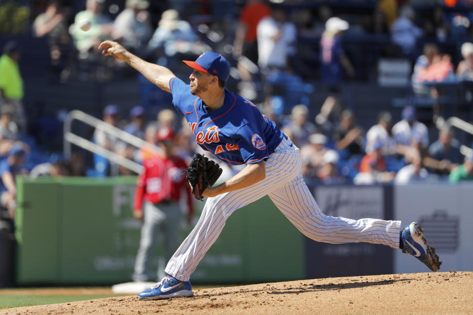 New York Mets pitcher Jacob deGrom throws during the second inning of a spring training baseball game against the Washington Nationals Sunday, March 1, 2020, in Port St. Lucie, Fla. (AP Photo/Jeff Roberson)