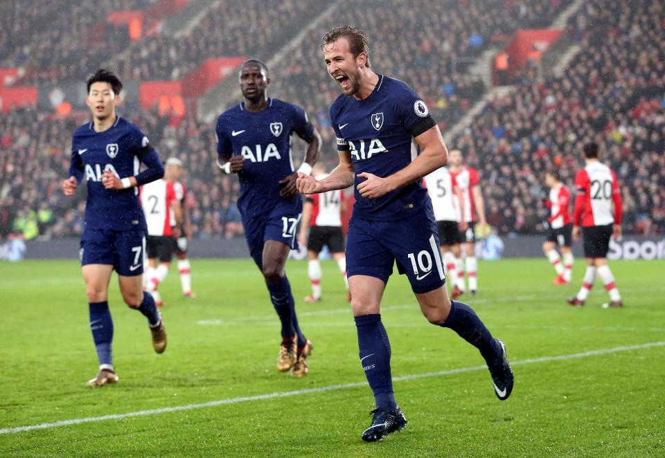 Tottenham Hotspur’s Harry Kane celebrates scoring his side’s first goal of the game