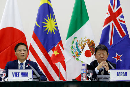 Japanese Minister of Economic Revitalization Toshimitsu Motegi (R) and Vietnam's Trade Minister Tran Tuan Anh attend a news conference on the Trans Pacific Partnership (TPP) Ministerial Meeting during APEC 2017 in Da Nang, Vietnam, November 11, 2017. REUTERS/Kham