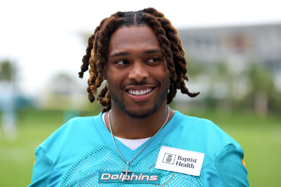 MIAMI GARDENS, FLORIDA - JUNE 06: Jalen Ramsey #5 of the Miami Dolphins speaks to the media after practice at Baptist Health Training Complex on June 06, 2023 in Miami Gardens, Florida. (Photo by Megan Briggs/Getty Images)