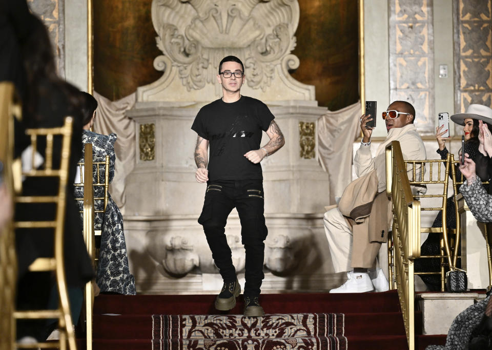 A model walks the runway during the Christian Siriano Fall/Winter 2024 fashion show at The Plaza Hotel during New York Fashion Week on Thursday, Feb. 8, 2024, in New York. (Photo by Evan Agostini/Invision/AP)