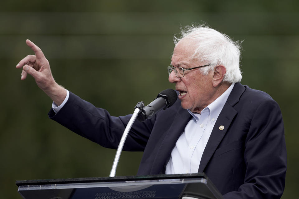 Democratic presidential candidate Sen. Bernie Sanders, I-Vt., speaks at the Polk County Democrats Steak Fry, in Des Moines, Iowa, Saturday, Sept. 21, 2019. (AP Photo/Nati Harnik)