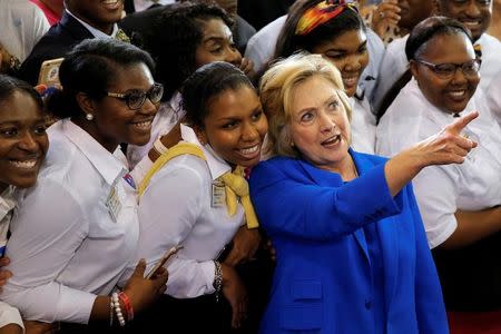 U.S. Democratic presidential candidate Hillary Clinton greets students during a campaign voter registration event at Johnson C. Smith University in Charlotte, North Carolina, United States September 8, 2016. REUTERS/Brian Snyder