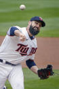 Minnesota Twins pitcher Matt Shoemaker throws to the Seattle Mariners in the first inning of a baseball game Sunday, April 11, 2021, in Minneapolis. (AP Photo/Bruce Kluckhohn)