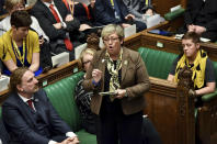 Lawmaker of SNP (Scottish National Party) Joanna Cherry speaks during the Brexit debate inside the House of Commons parliament in London Saturday Oct. 19, 2019. At the rare weekend sitting of Parliament, Prime Minister Boris Johnson implored legislators to ratify the Brexit deal he struck this week with the other 27 EU leaders. Lawmakers voted Saturday in favour of the 'Letwin Amendment', which seeks to avoid a no-deal Brexit on October 31. (Stephen Pike/House of Commons via AP)