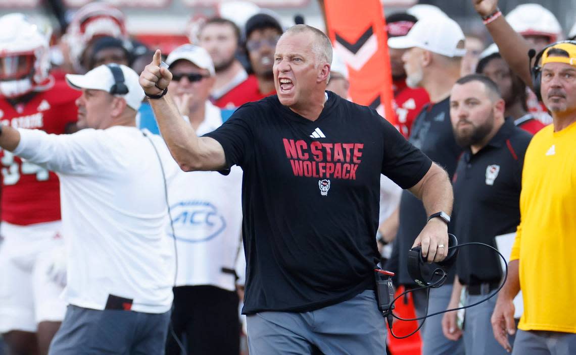 N.C. State head coach Dave Doeren yells at the officials during the second half of N.C. State’s 24-17 victory over Clemson at Carter-Finley Stadium in Raleigh, N.C., Saturday, Oct. 28, 2023. Ethan Hyman/ehyman@newsobserver.com