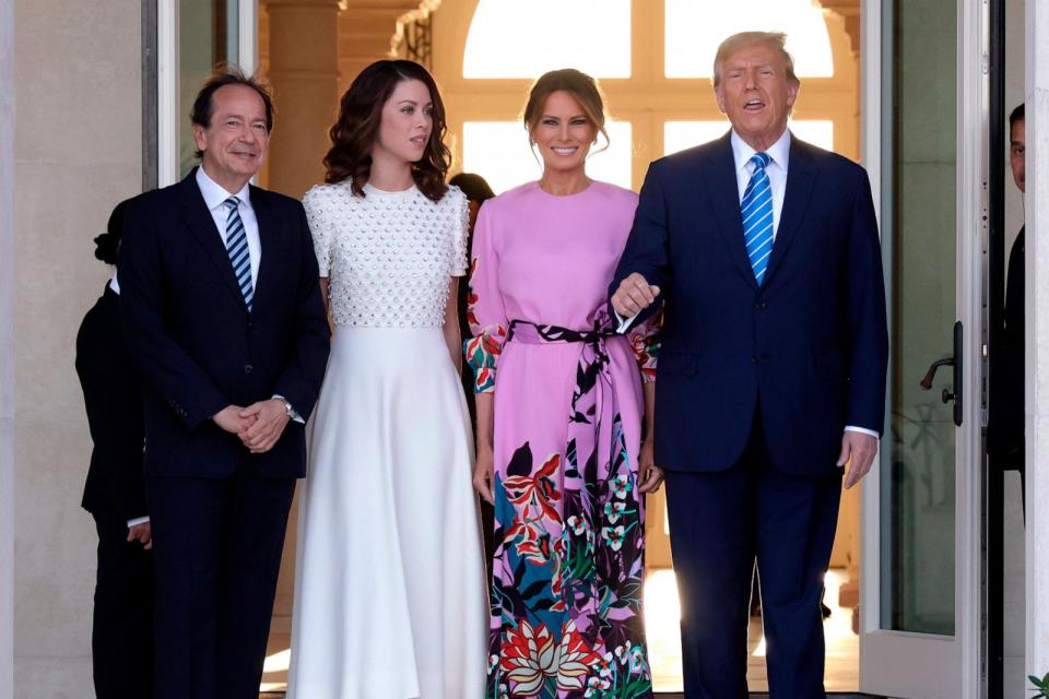 PHOTO: Republican presidential candidate and former President Donald Trump and former first lady Melania Trump arrive at the home of John and Jenny Paulson, on April 6, 2024, in Palm Beach, Fla. (Alon Skuy/Getty Images)