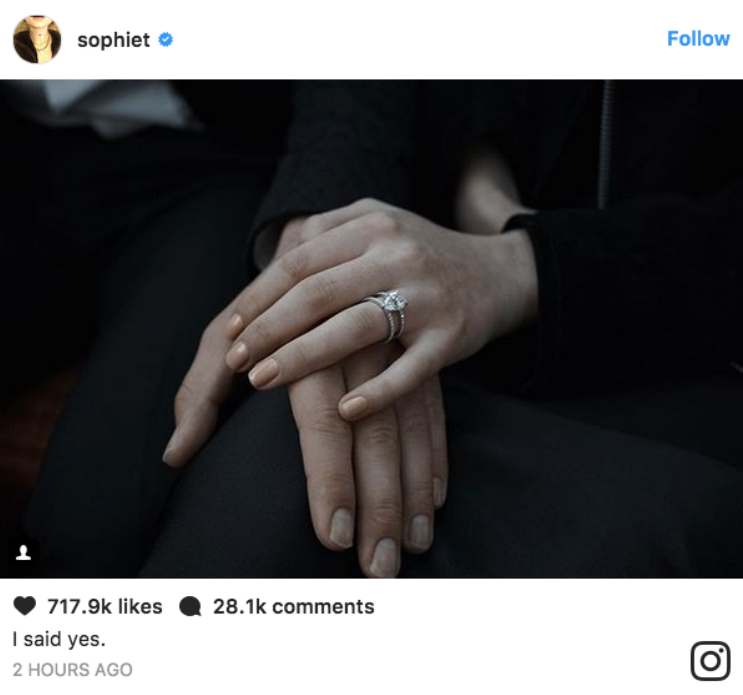 They revealed their engagement in October after just six months together. Source: Instagram/SophieTurner