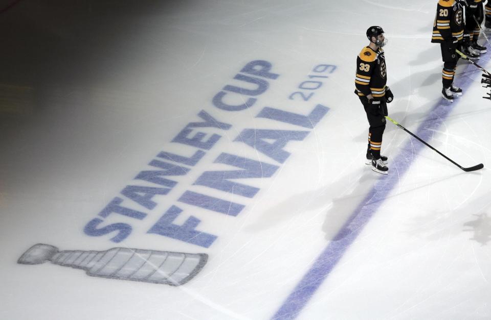 Boston Bruins' Zdeno Chara, of Slovakia, stands during the national anthem before Game 7 of the NHL hockey Stanley Cup Final against the St. Louis Blues, Wednesday, June 12, 2019, in Boston. (AP Photo/Charles Krupa)