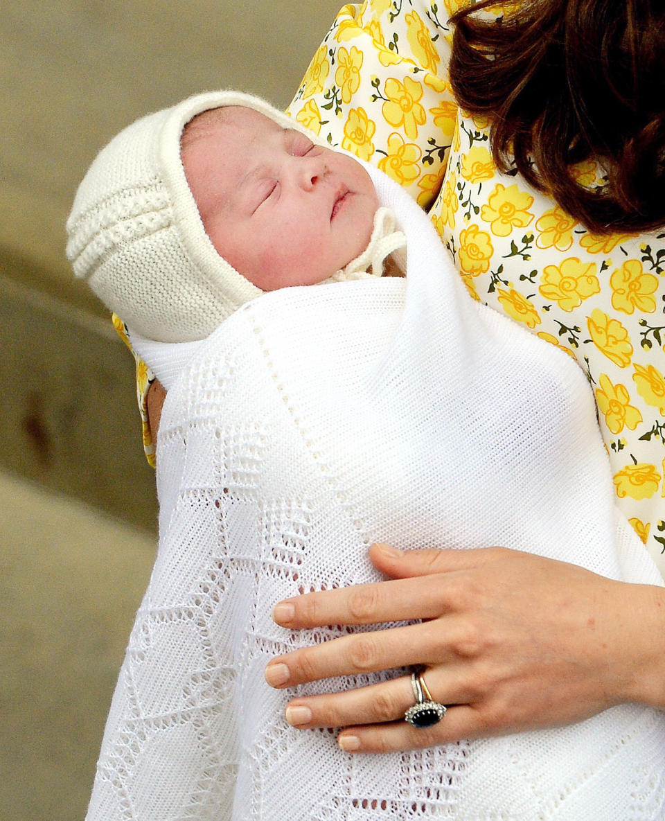 <p>The newborn royal is held by mom Kate Middleton as she makes her first public appearance outside the hospital.</p>