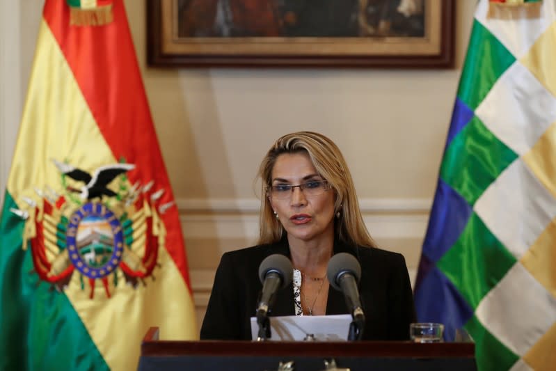 Bolivian Interim President Jeanine Anez reads a statement at the Presidential Palace, in La Paz