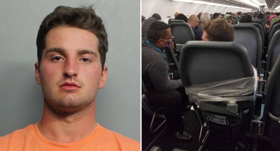 Maxwell Berry's mugshot and an image of him duct taped to a plane seat.