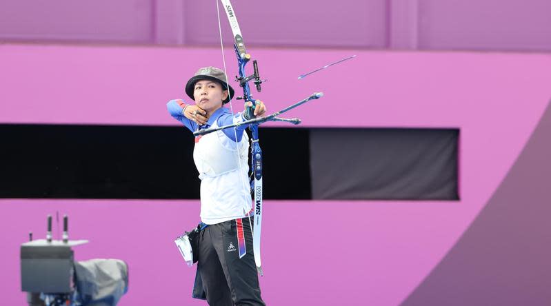 林佳恩今日上午出戰射箭女子個人賽，對上美國選手布朗。（體育署提供）