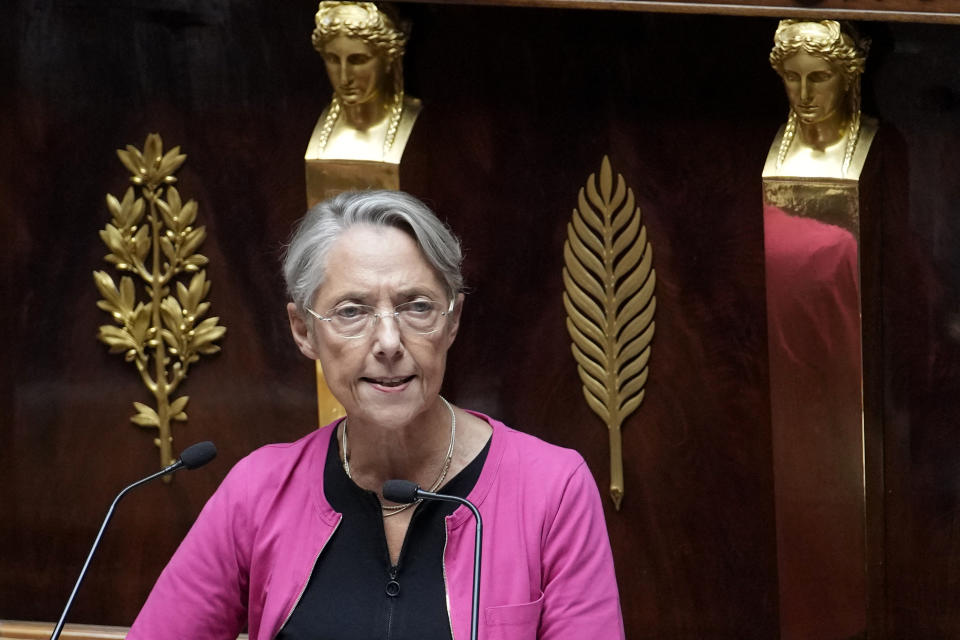 French Prime Minister Elisabeth Borne delivers a speech at the National Assembly, in Paris, France, Wednesday, July 6, 2022. Borne lay out her main priorities at parliament after the government lost its straight majority in the National Assembly in elections last month. (AP Photo/Christophe Ena)