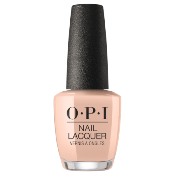 A beige bottle of OPI Nail Lacquer in Samoan Sand with black lid.