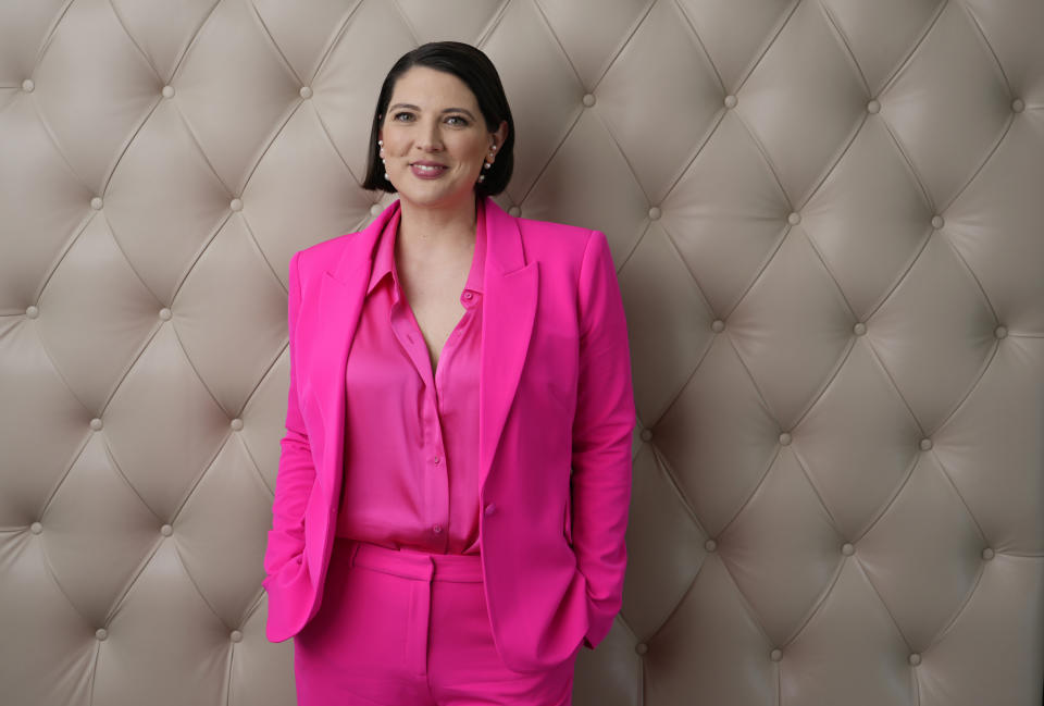 Taylor Jenkins Reid, author of the novel "Daisy Jones and the Six," poses for a portrait at the Four Seasons Hotel, Wednesday, Feb. 22, 2023, in Los Angeles. (AP Photo/Chris Pizzello)