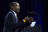 Housing and Urban Development Secretary Ben Carson speaks ahead of President Donald Trump at campaign event, at the Cobb Galleria Centre, Friday, Sept. 25, 2020, in Atlanta. (AP Photo/Evan Vucci)