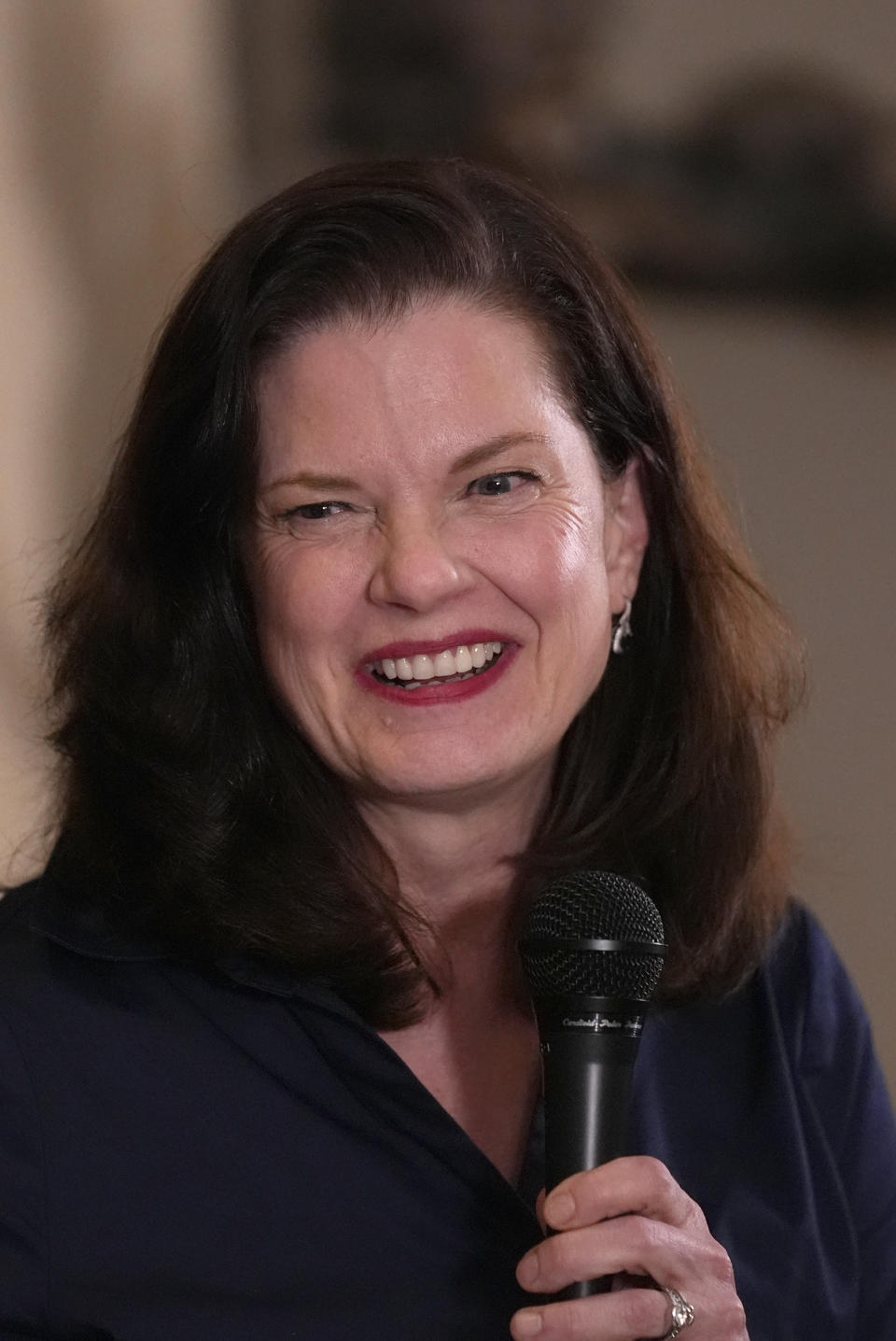 Eileen O'Neill Burke, a former appellate judge, responds to a question as she talks to members of the Cliff Dwellers Club Thursday, March 7, 2024, in Chicago. An open seat to lead the nation's second-largest prosecutor's office has become one of the most spirited races in the Illinois primary. The Democratic matchup is between O'Neill Burke, a tough-on-crime judge and Clayton Harris III, an attorney with union and establishment backing. (AP Photo/Charles Rex Arbogast)