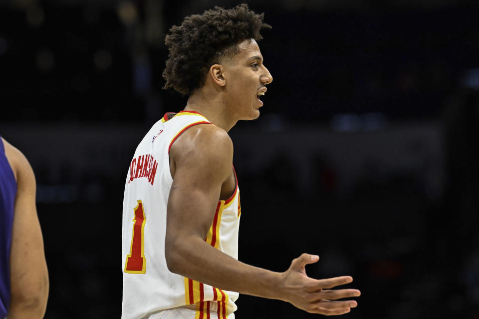Atlanta Hawks forward Jalen Johnson reacts to being called for a foul against the Charlotte Hornets during the first half of an NBA basketball game Wednesday, Feb. 14, 2024, in Charlotte, N.C. (AP Photo/Matt Kelley)