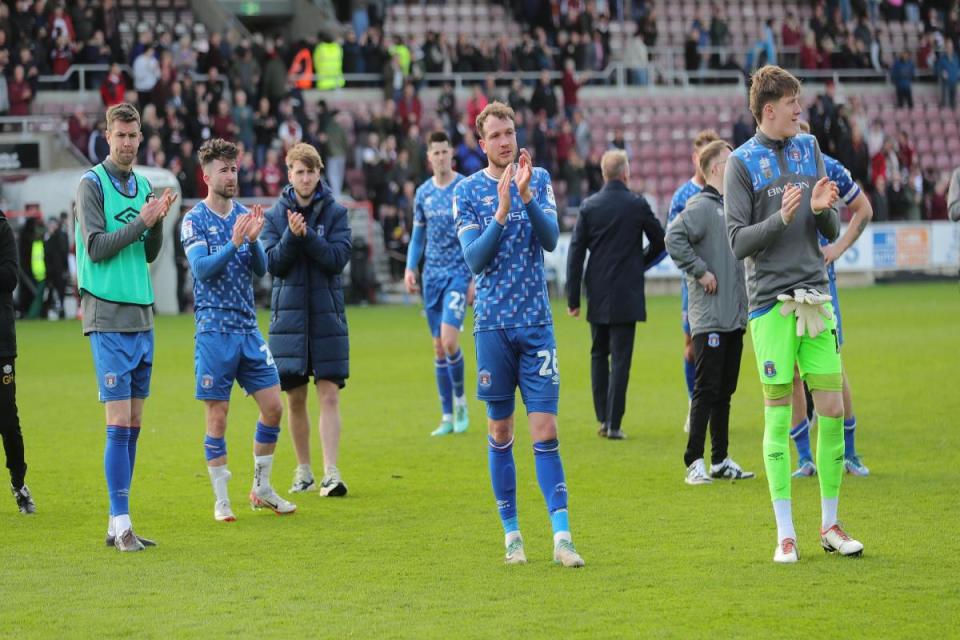 Carlisle players thank the fans after the 2-0 defeat at Northampton which confirmed relegation <i>(Image: Richard Parkes)</i>