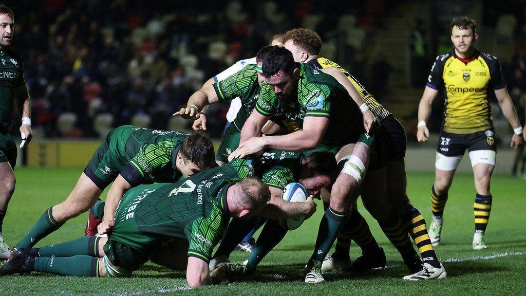 Dylan Tierney-Martin of Connacht gets over the line to score a try