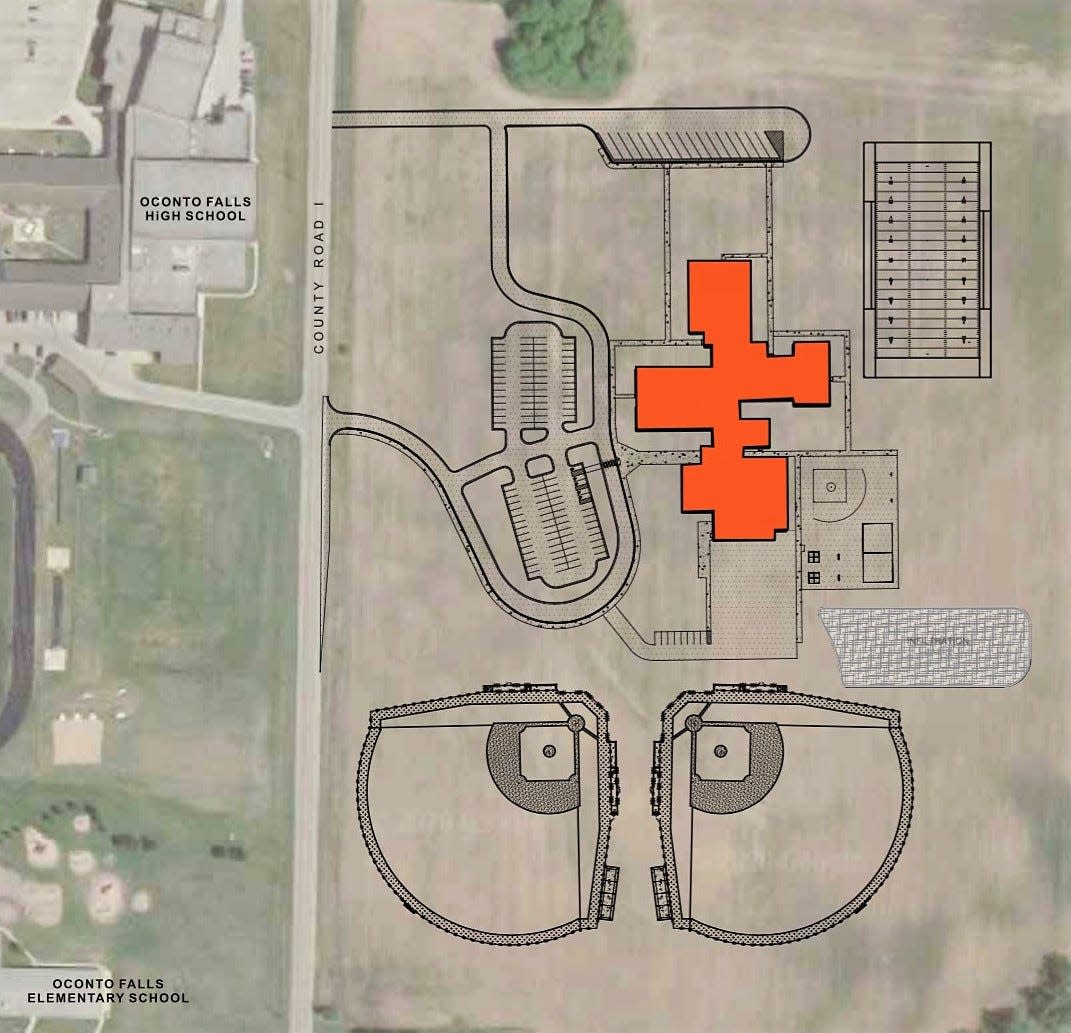 This is a concept drawing of what the proposed new middle school in Oconto Falls could look like. The site is across from the high school and Oconto Falls Elementary School.