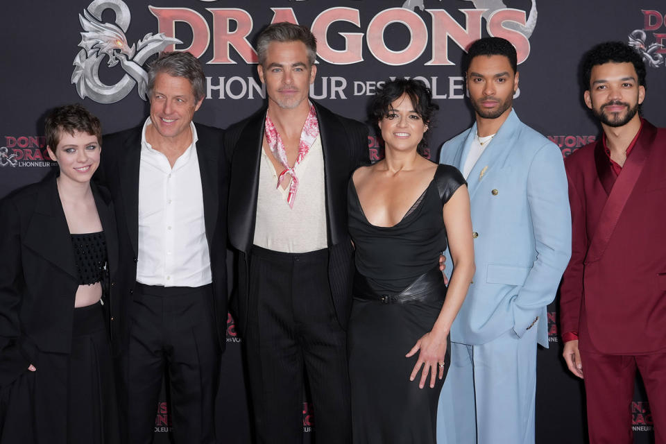 <p>The cast of <em>Dungeons & Dragons: Honor Among Thieves — </em><a href="https://people.com/movies/dungeons-dragons-honor-among-thieves-cast-everything-to-know/" rel="nofollow noopener" target="_blank" data-ylk="slk:Sophia Lillis;elm:context_link;itc:0;sec:content-canvas" class="link ">Sophia Lillis</a>, <a href="https://people.com/tag/hugh-grant/" rel="nofollow noopener" target="_blank" data-ylk="slk:Hugh Grant;elm:context_link;itc:0;sec:content-canvas" class="link ">Hugh Grant</a>, <a href="https://people.com/tag/chris-pine/" rel="nofollow noopener" target="_blank" data-ylk="slk:Chris Pine;elm:context_link;itc:0;sec:content-canvas" class="link ">Chris Pine</a>, <a href="https://people.com/tag/michelle-rodriguez/" rel="nofollow noopener" target="_blank" data-ylk="slk:Michelle Rodriguez;elm:context_link;itc:0;sec:content-canvas" class="link ">Michelle Rodriguez</a>, <a href="https://people.com/tv/rege-jean-page-is-officially-handsome-bridgerton-alum-deemed-practically-perfect-by-science/" rel="nofollow noopener" target="_blank" data-ylk="slk:Regé-Jean Page;elm:context_link;itc:0;sec:content-canvas" class="link ">Regé-Jean Page</a> and <a href="https://people.com/movies/justice-smith-comes-out-as-queer/" rel="nofollow noopener" target="_blank" data-ylk="slk:Justice Smith;elm:context_link;itc:0;sec:content-canvas" class="link ">Justice Smith</a> — steps out for the Paris premiere on March 22. </p>