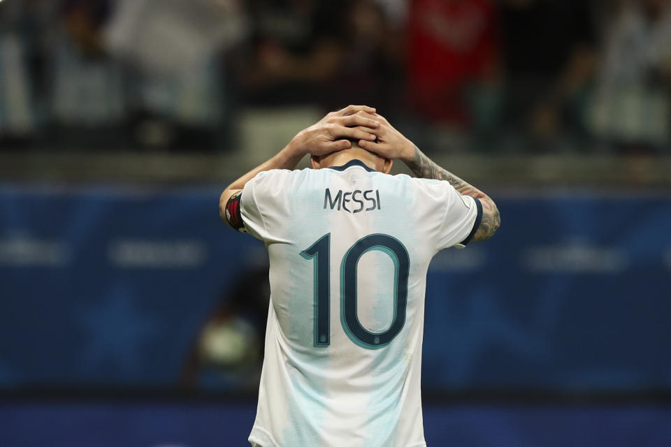 Argentina's Lionel Messi gestures after failing to score during a Copa America Group B soccer match against Colombia at the Arena Fonte Nova in Salvador, Brazil, Saturday, June 15, 2019. (AP Photo/Ricardo Mazalan)