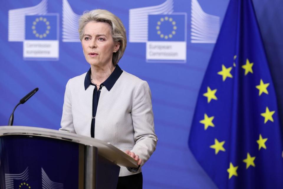 European Commission President Ursula von der Leyen gives a statement on Russia's attack on Ukraine, in Brussels on Feb. 24, 2022, ahead of a EU special summit called to discuss the crisis<span class="copyright">KENZO TRIBOUILLARD/POOL/AFP via Getty Images</span>