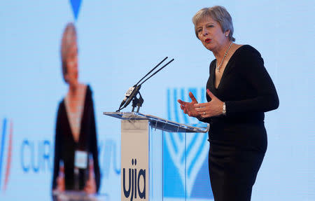 Britain's Prime Minister Theresa May speaks at the United Jewish Israel Appeal charity dinner in London, Britain, September 17, 2018. REUTERS/Peter Nicholls/Pool