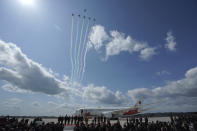 Blue Impulse of the Japan Air Self-Defense Force fly over during Olympic Flame Arrival Ceremony at Japan Air Self-Defense Force Matsushima Base in Higashimatsushima in Miyagi Prefecture, north of Tokyo, Friday, March 20, 2020. The Olympic flame from Greece arrived in Japan even as the opening of the the Tokyo Games in four months is in doubt with more voices suggesting the games should to be postponed or canceled because of the worldwide virus pandemic. (AP Photo/Eugene Hoshiko)