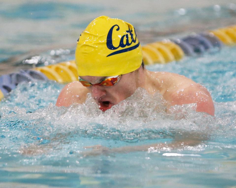 South Bend Riley's Joel Kricheff competes in the 100-yard breaststroke race during the boys swimming city meet Saturday, Jan. 20, 2024, at Riley High School.