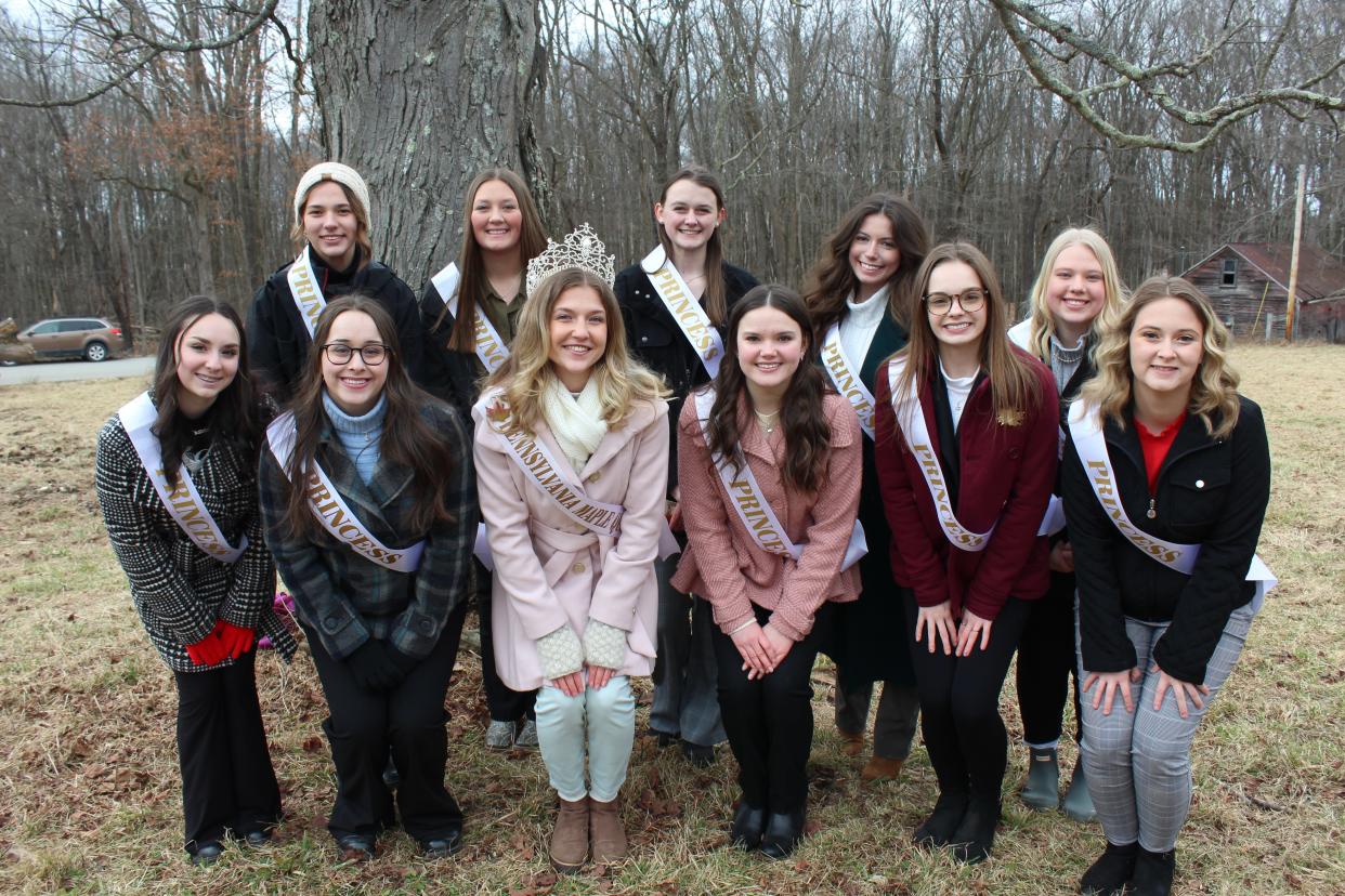 The 10 maple princesses who will vie for the title of Queen Maple LXXVI during the 76th scholarship pageant at 7 p.m. April 1, at Meyersdale Area High School, attended the Somerset County Maple Producers annual tree tapping ceremony in February. From left are, front row: Olivia Vaughn, Berlin Brothersvalley High School; Faith Bittner, Meyersdale Area High School; Queen Maple LXXV Ella Wheeler; Bena Croushore, Rockwood Area High School; Laura Boyce, Meyersdale Area High School; and Bruck Ohler, HOPE for Hyndman Charter School. Back row: Jovi Jeske, North Star High School; Shelby Hetz, Meyersdale Area High School; Charlotte Ream, Rockwood Area High School; Isabella Petrilla, North Star High School; and Josi Dirienzo, Somerset Area High School.
(Photo: Photo by Sandra Lepley)