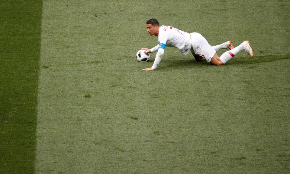 <p>Cristiano Ronaldo reacts to another foul </p>