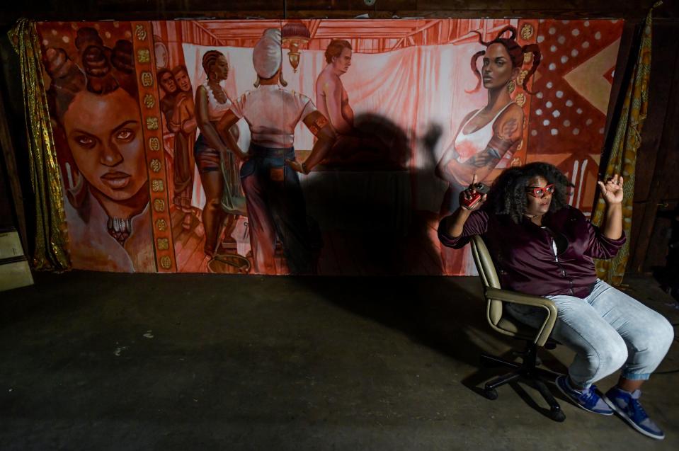  Michelle Browder discusses the Mother of Gynecology mural in her workshop in Montgomery, Ala., on Tuesday November 1, 2022. 