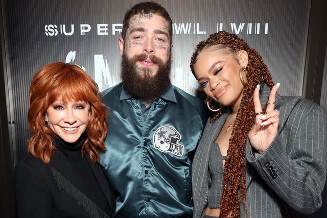 <p>Kevin Mazur/Getty</p> Reba McEntire, Post Malone and Andra Day attend the Super Bowl LVIII Pregame.