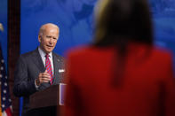 President-elect Joe Biden speaks about jobs at The Queen theater, Friday, Dec. 4, 2020, in Wilmington, Del. (AP Photo/Andrew Harnik)