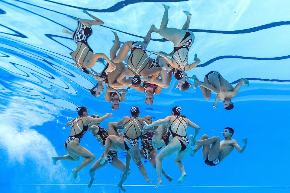 Team Chile competes in the final of the acrobatic routine artistic swimming event during the 2024 World Aquatics Championships at Aspire Dome in Doha, Qatar.